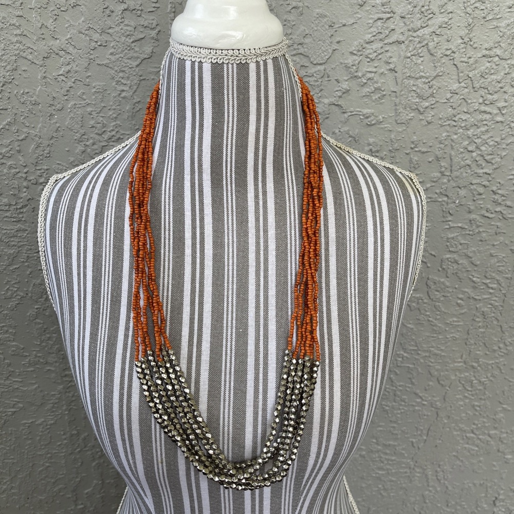 32" Long Multi Strand Orange Silver Bohemian Style Handmade Seed Bead Necklace